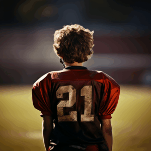 Young football player in red jersey number 21 stands on field