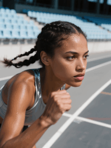 A focused athlete in motion on a track, wearing a silver top, with braided hair and a determined expression