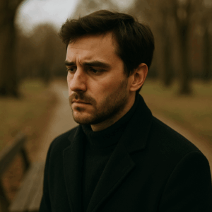 A young man with dark hair and a trimmed beard stands in a park on a cloudy autumn day, wearing a dark coat and black turtleneck