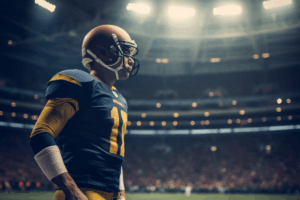 Football player in blue and yellow jersey stands focused under stadium lights, ready for action. Blurred crowd in the background.