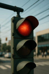 Close-up of a red traffic light glowing at an intersection on a sunny day, with blurred cars and pedestrians in the background, symbolizing a stop signal and urban traffic control.