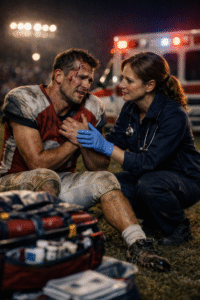 Injured player with EMT at night