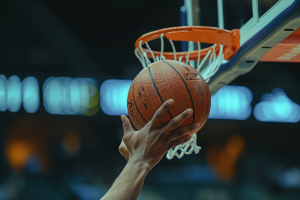 Close-up of a basketball being held near the hoop, ready for a shot, with blurred lights in the background.