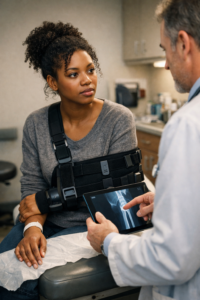 Doctor explains X-ray results to patient